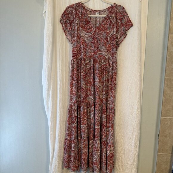 Old Navy Waist-Defined Maxi Dress Med Tiered Hem Paisley Floral Peasant Coquette - Picture 1 of 12